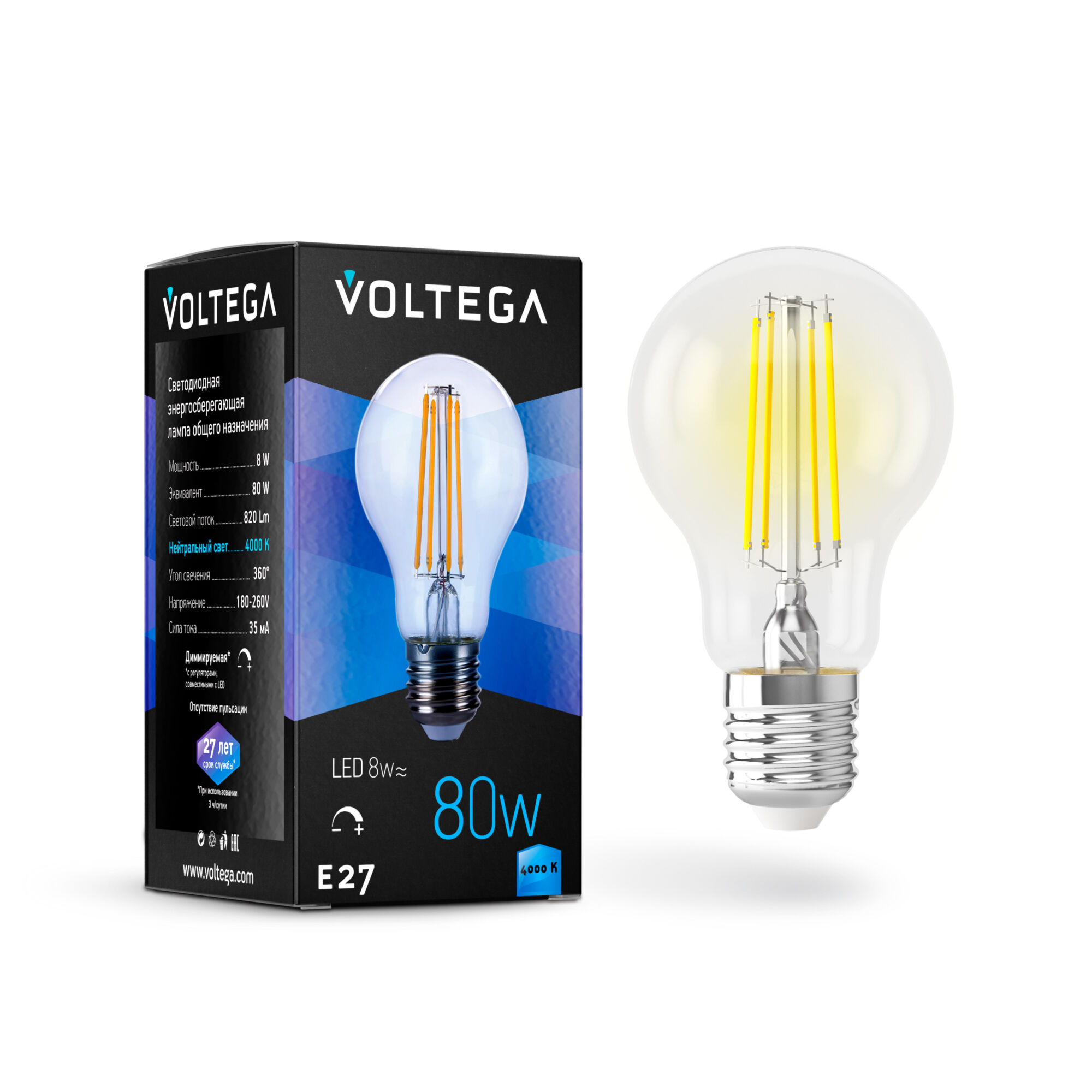 Филаментная диммируемая лампа Voltega General E27 8W 4000K 5490 MAYTONI