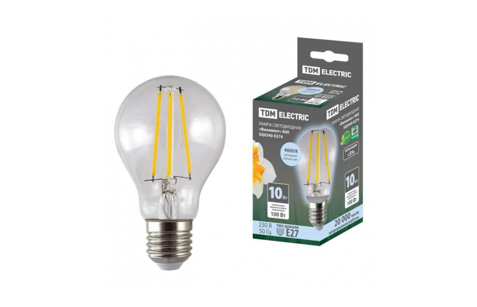 ЛАМПА СВЕТОДИОДНАЯ ФИЛАМЕНТНАЯ TDM ELECTRIC E27 10W 4000K ПРОЗРАЧНАЯ SQ0340-0274 МОСПЛИТКА