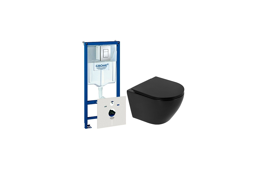 Комплект подвесной безободковый унитаз BelBagno Colorato BB062CHR-MB + инсталляция Grohe Rapid SL 38775001 4 в 1 с кнопкой смыва МОСПЛИТКА