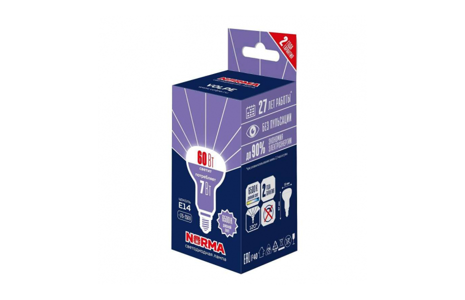ЛАМПА СВЕТОДИОДНАЯ VOLPE E14 7W 6500K МАТОВАЯ LED-R50-7W/6500K/E14/FR/NR UL-00010998 МОСПЛИТКА