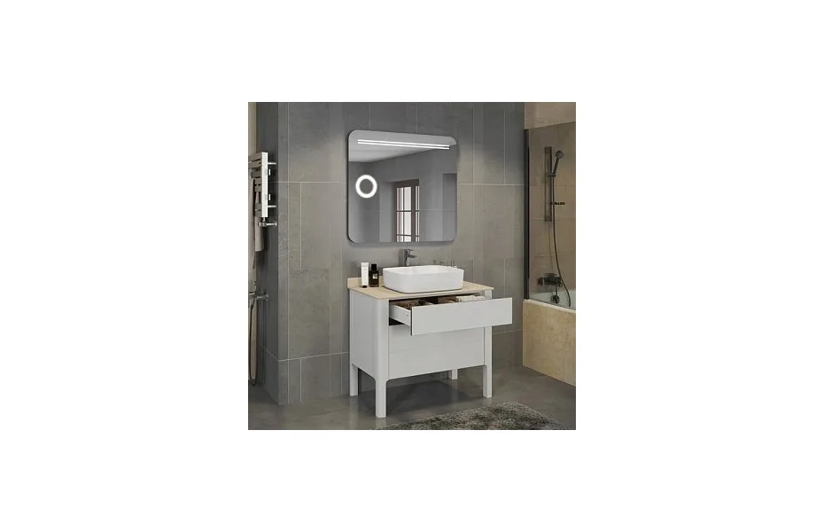 Тумба с раковиной Comforty Лондон-90-2 белый глянец 00004138841 с бежевой столешницей МОСПЛИТКА