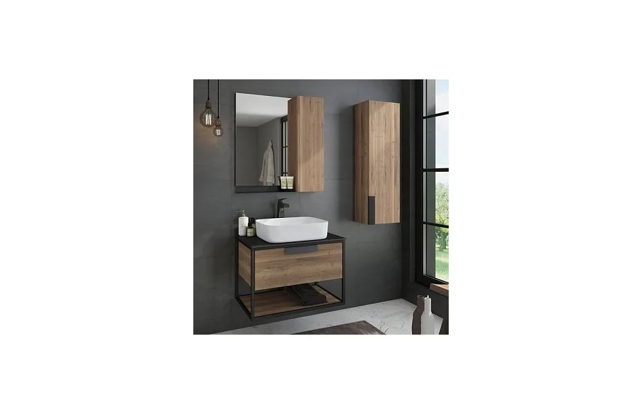 Тумба с раковиной Comforty Кёльн-75 дуб темный 00004149065 с черной столешницей МОСПЛИТКА